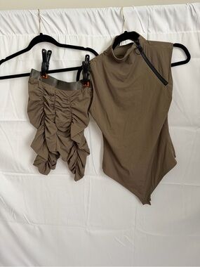 Khaki Ruched Mini Skirt & Asymmetric Bodysuit Set
